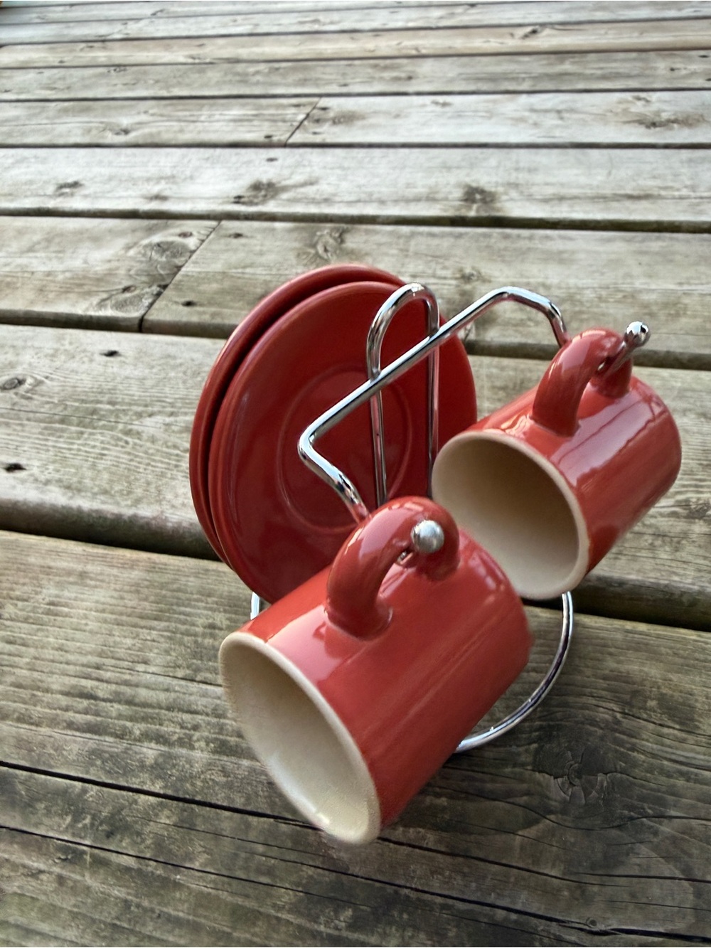 Vintage Red Coral Espresso Cup & Saucer Set of 2 w/ Chrome Holder